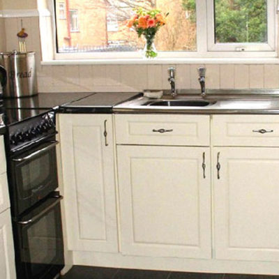 Cream fitted kitchen cupboards with raised and fielded doors